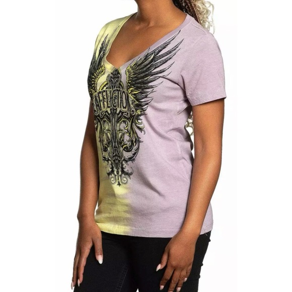 Affliction Women's T-Shirt TURQUOISE Tie Dye Cross Biker Wings - Picture 4 of 5
